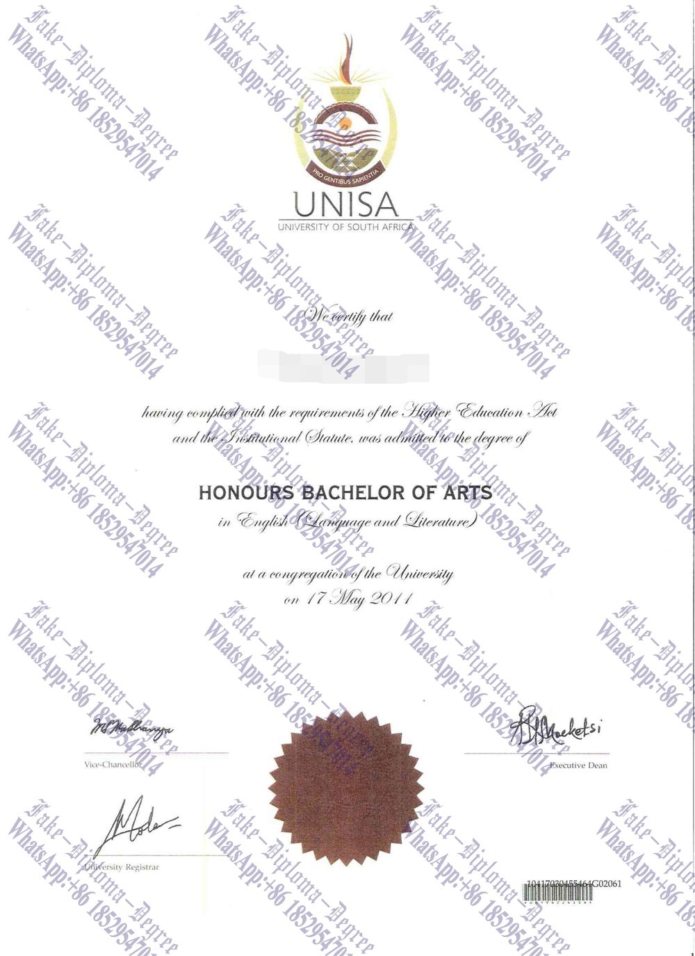 Buy fake University of South Africa Degree