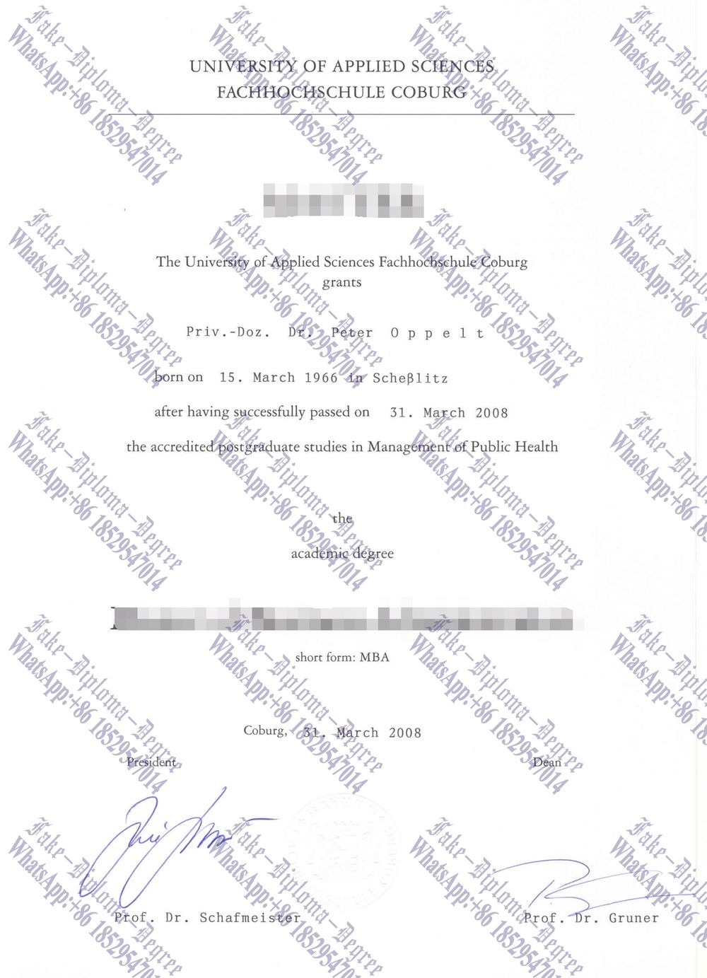 Fake Fachhochschule Coburg Degree