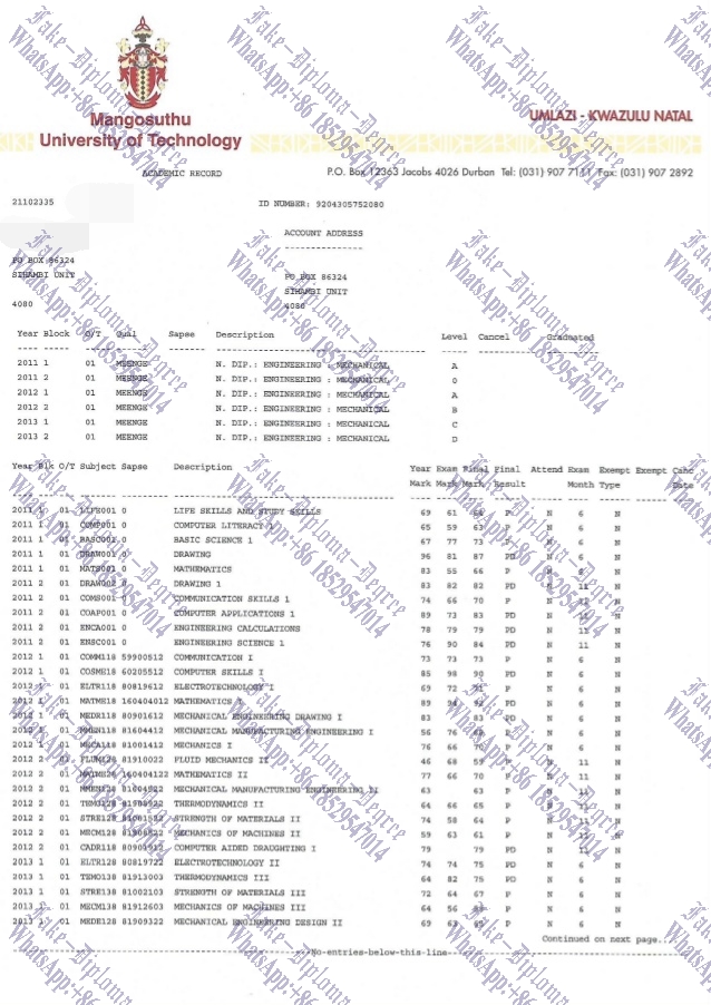 Fake Mangosuthu University of Technology Diploma