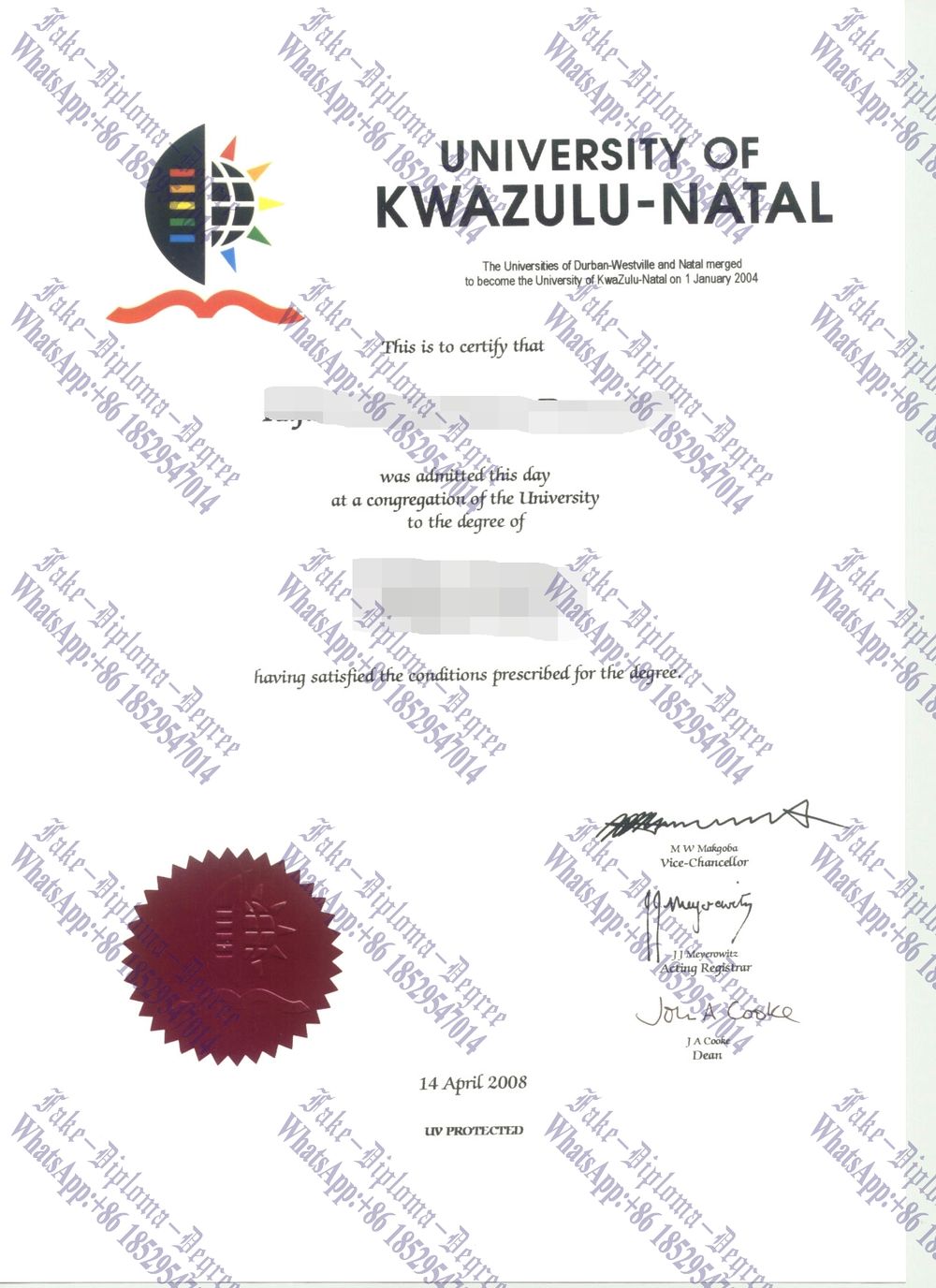 Fake University of KwaZulu Natal Diploma