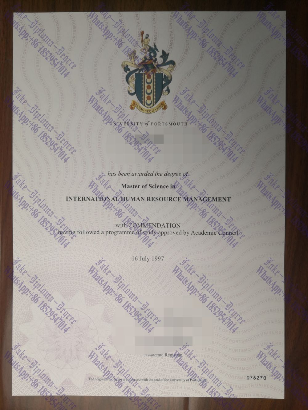 Fake University of Portsmouth Degree
