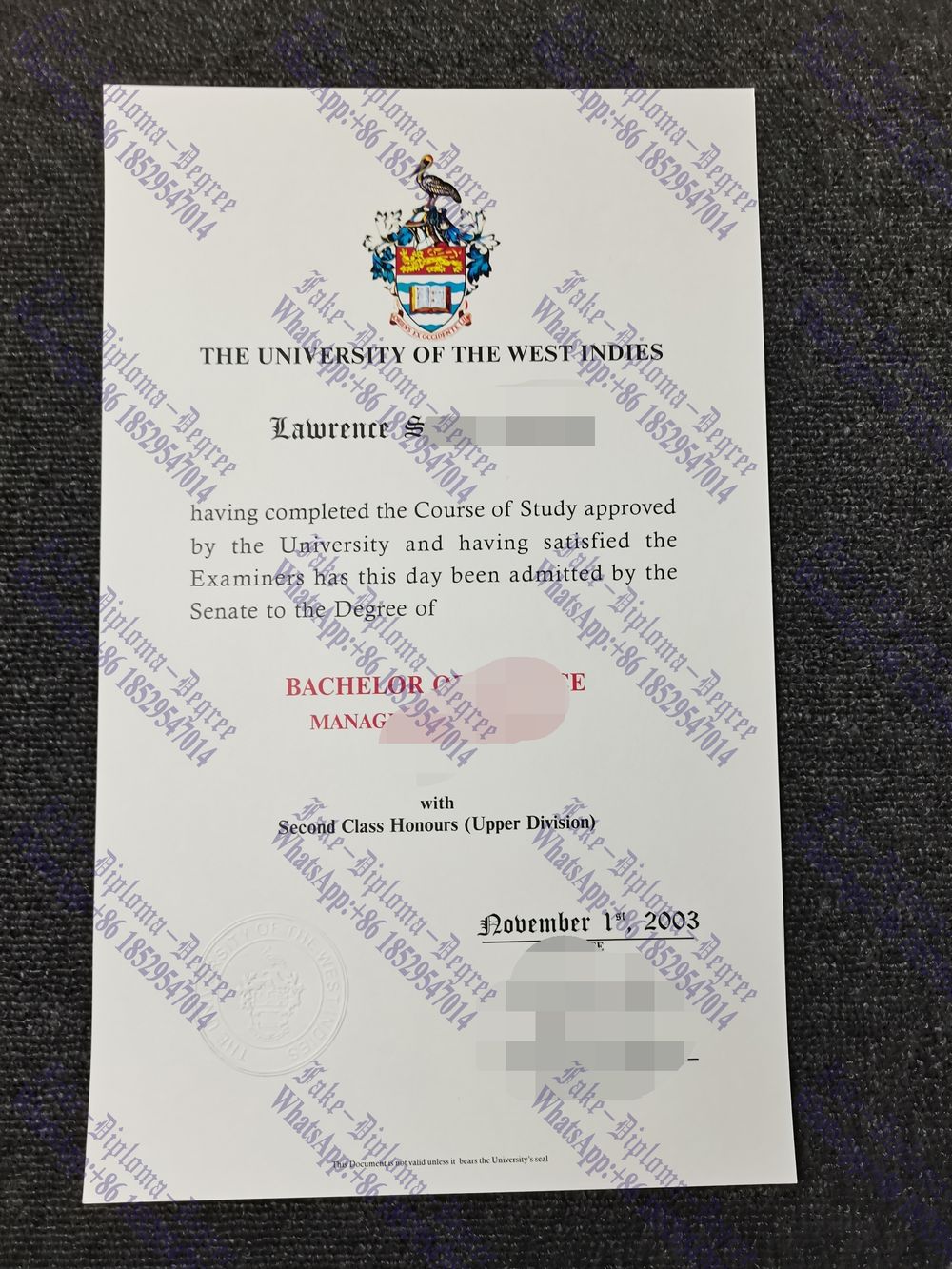 Fake University of the West Indies Diploma