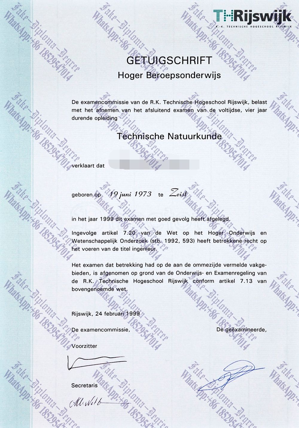 Purchase phony RK Technische Hogeschool Rijswijk Degree